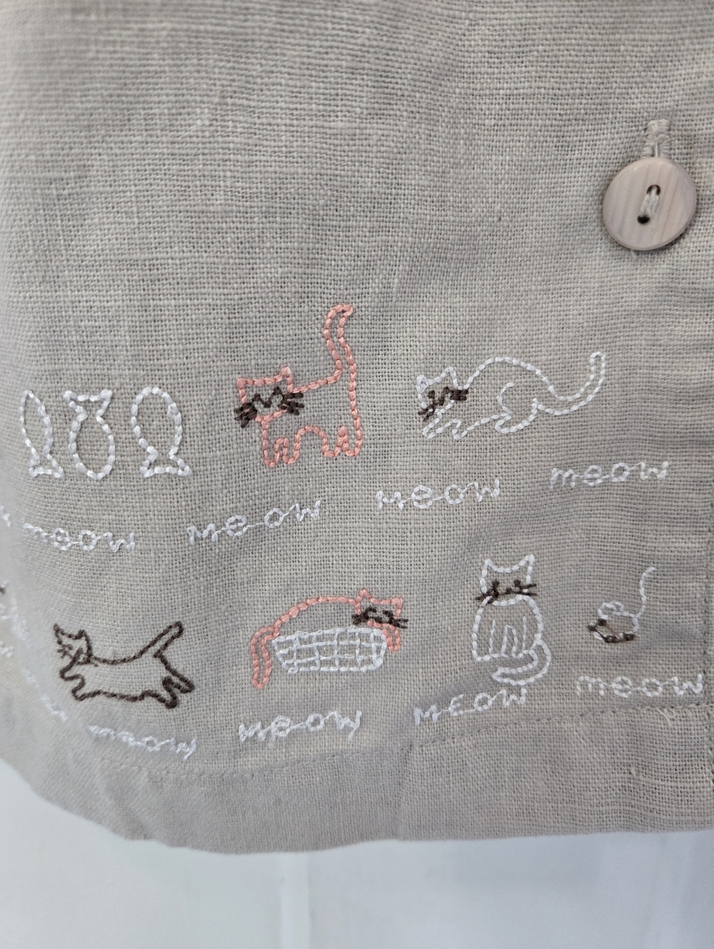 Womens Cat Embroidered Linen Cotton Jacket Size L Crazy Cat Lady Meow 3/4 Jacket